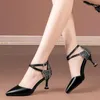 Sandalias 2023 verano mujeres tacones altos cruzados zapatos de vestir damas punta puntiaguda bombas espalda bling sandalias delgadas mujer