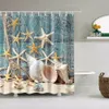 Shower Curtains Seaside Scenic Beach Shells Shower Curtains Starfish Conch Blue Board Palm Trees Sunset Nature Scenery Bathroom Curtain Decor 230831