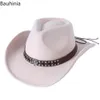 Geniş Memlu Şapkalar Kepçe Bauhinia Vintage Style Yün Kadın Erkekler Batı Kovboy Şapkası Cowgirl Caz Cap Church Sombrero 230830