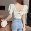 Mulheres Camisetas Sexy Backless Bow T-shirt para Mulheres 2023 Slim Branco Curto Tops Feminino Casual Verão Bolha Manga Tees Senhoras Doce