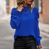 Kadın bluzları Stand yaka puflu kılıf katı kazak bluzu Kadınlar pilili vintage zarif blosues gevşek 2023 Sonbahar Uzun Üstler