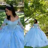 سماء رائعة من الدانتيل الأزرق ثوب Quinceanera حفلات حفلة موسيقية بالخرز من الكتف