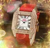 Carré Romain Réservoir Cadran Hommes Femmes Montre en cuir véritable ICE-Out Bling Hip Hop amateurs Janpan Quartz mouvement Plein Diamants Bague Cas Lady Boy Cool Man montres Cadeaux