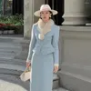 Vestidos de trabalho inverno gola de pele saia azul ternos vintage jaqueta de lã sintética cintura alta meados de longo escritório senhora elegante conjuntos femininos outfit