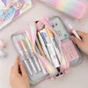 تعلم ألعاب Kawaii Pencil Case for Girls School Pencilcase كبيرة السعة قرطاسية منظم صندوق القلم ثلاثة سستة حقيبة المكتب