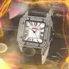 Cadran romain carré série Tank montre femme 36MM hommes 43MM véritable cuir de vache mouvement à quartz plein diamants bague boîtier horloge or rose argent Relogio Masculino montres