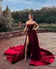 Gorgeous Red Velvet Prom Dresses Mermaid Beaded High Side Split Formal Evening Gowns Woman Bridal Party Dress robe de soiree