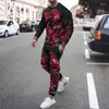 Herrspårsperioder Rose Tryckt Set Harajuku Långärmad överdimensionerad O Neck Fashion Vintage Street Casual Sports Suit 2 -stycken Designkläder