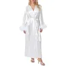 Women's Sleepwear Autumn Spring Feather Decor Long Sleeve Robes Nightwear Women White V Neck Belted Cardigan Lightweight Pajama Clothes