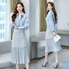 Arbeit Kleider 2023 Frühling Herbst Frauen Zwei Stück Set Cardiagn Jacke Tops Lange Plissee Chiffon Rock 2 Stück Anzüge