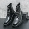 Schwarze Motorradstiefel für Herren, braun, mit Schnürung, runder Zehenbereich, Plateau, kurz, Western, Größe 3845 230831