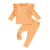 Set di abbigliamento Bambina per bambini Vestiti autunnali Tinta unita Ruffles Top a maniche lunghe a costine e pantaloni elastici Set Baby Cute 2 pezzi Outfit