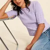 女性用Tシャツ春/夏2023年女性弾性糸コットンかぎ針編み編み半袖Tシャツトップス
