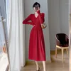 Casual Dresses 2023 Korean Style Spring Autumn Women Sticked V Neck Long Sleeve Midi Knit Dress Elegant Vintage Black