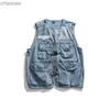 Nya snygga coola män denim Vest Loose Fit Street Vintage Multi Pockets Retro Waistcoat ärmlös jeansjacka för män HKD230831