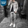 Men's Tracksuits Fashion Mens Casual Two Piece Cargo Denim Sets Punk Hole Ripped Jackets Ankle Length Slim Fit Jeans Biker Cowboy Matching