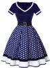 Grundläggande casual klänningar vintage 50 -tal 60 s festklänning med bälte polka dot tryck kort ärm hepburn mantel pin up rockabilly 230830