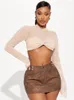 Women's T Shirts Gavestis Sexy Mesh See Through Flare Long Sleeve Crop Top Women Aesthetic O-Neck Bodycon Shirt Ladies Evening Party Clothes