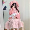 Vêtements de nuit pour femmes Cartoon hiver peignoir rose à capuche chaude dames robe de chambre simple boutonnage polaire à manches longues robe de bain pour femme