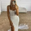 Party Dresses White Sparkly Sequined Prom Split-Front Square Collar Mermaid Wedding Bridal Gowns Sexy Evening Vestidos De Novia