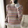 Suéteres femininos senhoras camisola grossa camisa de fundo de lã em torno do pescoço listrado pulôver curto ioose 2023 outono e inverno tricô iazy