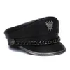 Berets Neuheit Winter Herren Echtes Leder Hut Männlich Flache Top Abzeichen Lokomotive Retro Militärische Kappen Studenten Punk Kortikale Kette Gorra y230830