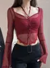 Blusas femininas vermelho básico 2 peça conjunto mulher magro blusa casual escritório senhora outfit sexy y2k colheita topos roupas de moda coreana chique 2023