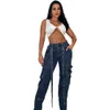 Jeans firmati da donna Pantaloni cargo in denim blu a vita alta Tasche vintage Pantaloni effetto consumato Streetwear Abiti all'ingrosso all'ingrosso 10088