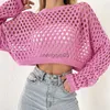 Kvinnors tröjor Kvinnor Rundhalsad långärmad Pullover Knitwear Y2K Multicolor Sticked Crop Top Summer Fishnet Hollow Out Smock Crochet Sweater HKD230831