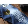 Mens High Quality New Style Jeans Slim Straight Stretch Denim Jeans Embroidery Patch Badge Torn Hole Decors Denim Pants; LST230831