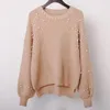 Women's Sweaters Retro Handmade Pearls Loose Knitted Sweater Beading Split Casual Pullover Lantern Sleeve Womens Jumpers Winter
