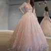 2020 Sparkly Pink Sequined Lace Ball Gown Prom Dresses Jewel Neck Long Sleeve Sweet 16 Dress Long Formal Evening QuinCeanera Dress216V