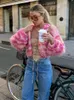 Dzienniki dla kobiet różowe w paski jesienne przednie otwarte swetry długie latarni lutne szydełkowe swobodę mody vintage swobodny streetwear 230830