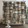 Shower Curtains 3D Printing Brick Shower Curtains Vintage Stone Brick Wall Wood Door Polyester Fabric Hanging Curtain Bathtub Bathroom Decor 230831