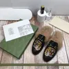 Designer Women Fur Slippers Leather Mules Loafers Bee Slides Ladies White Black Metal Buckle Chain Furry Casual Flat Shoes Slipper 35-42