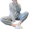 Women's Sleepwear Women Winter Flannel Pajama Set Fleece Pyjamas Homewear Strip Kawaii Print Warm Velvet Female Suit Ladies Pijama