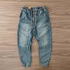 Mäns jeans Autumn och Winter Retro Sand tvättade blå trendig Pure Cotton Drawstring Boys Casual Pants Harem