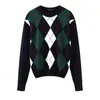 Kobiety swetry nietrudne dziewczęta Argyle Sweater Pullover okrągły kołnierz 2023 Spring Fashion Ladies Vintage Knitwear Kobiety wełniane odcinki wełny