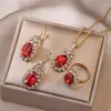 Necklace Earrings Set For Women Red Blue Green Zircon Pendant Ring 4 Pcs Vintage Gifts 2023 Luxury Wedding Jewelry