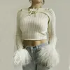 Womens Sweaters Feathers Knitted 2 Piece Crop Tops Women Lace Up Long Sleeve Cape Sleeveless Tanks Autumn Winter Solid Casual Suits 230831