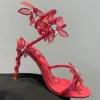 Sandálias de estilete de cobra de strass Rene Caovilla Cleo 9,5 cm Sapatos de noite femininos de salto alto Tornozelo envolvente sapato de fábrica de designer de luxo com caixaFlowers