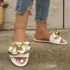 Chinelos Roma Chain Mulheres Flats Sapatos Sandálias Slingbacks 2023 Verão Luxo Open Toe Flip Flops Slides Chaussure Femme