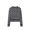 Women's Sweaters Chess Plaid Bear Embroidery Fashion Women Cardigans Sweater Full Sleeves Retro Vintage Lady Coat Jumpers