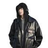 Couro masculino falso casual falso duas peças casaco com capuz marca americano vintage engrossado pu jaqueta de motocicleta 230831