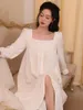 Женская одежда для сна, женщины весеннее хлопковые ruffles cardigan long dress nightgowns рукав принцесса открытая пуговица винтажная ночная одежда