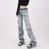 Jeans Femme Bleu Femmes Graffiti Taille Haute Taille Américaine Pantalon Large Mode Y2K Style Baggy Vintage Femelle Automne Pantalon Droit