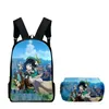 حقيبة الظهر Genshin Impact School School Set 2 Pitch Boys Girls Backpacks Travel Crossbody Bag Pencil Case Kids Children