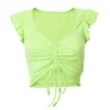 Women's Tanks V Neck Ruffle Sleeveless Tee Shirt Women Ribbed Sexy Drawstring Elegant Crop Tops 2023 Summer Female Cute Green Top