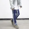 Męskie dżinsy vintage w trudnej sytuacji atrament plambowy płomień mens streetwear patchwork Hip Hop Graffiti Heavy Wash Blue Slim Fit Denim Pants Men 230301