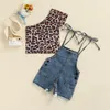 Clothing Sets 0-4Years Infant Baby Girls Kids Summer Outfits One Shoulder Leopard Print Tops Blue Denim Suspender Shorts Clothes